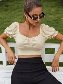 Camiseta corta tejida de canalé con fruncido de manga farol - Albaricoque - Ver 1