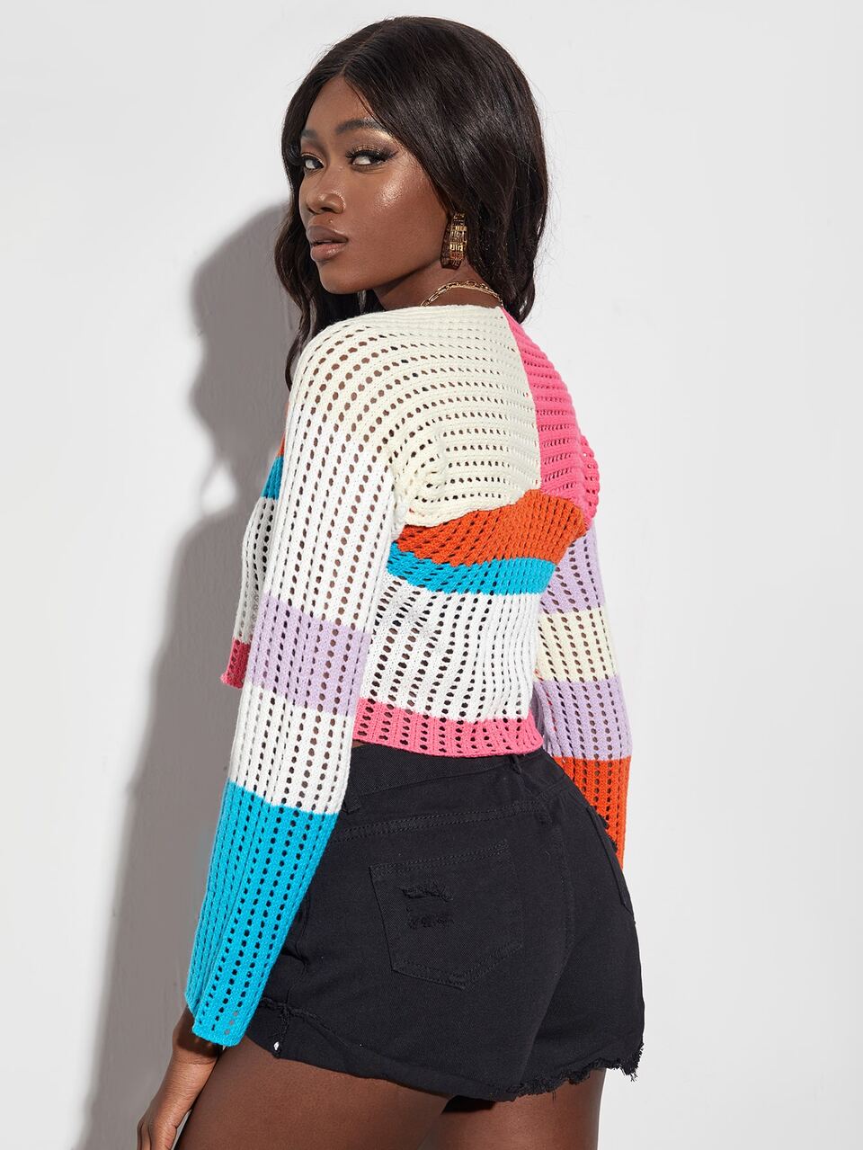 Color Block Stripe Pattern Crop Pointelle Knit Sweater