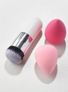 1入組粉底刷圓胖化妝刷蘑菇刷旅行散粉刷適用於混紡液體,奶油或者粉末狀化妝品和2入組彩妝攪拌機海綿 - 白色 - 查看 2