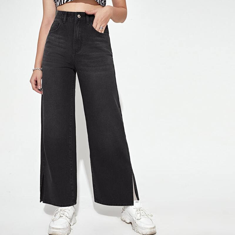 

Slant Pocket Split Hem Wide Leg Jeans, Black