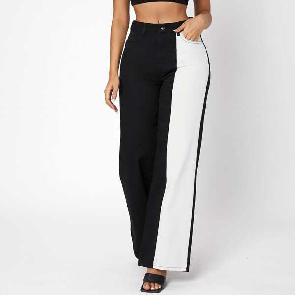 

Two Tone Slant Pockets Wide Leg Jeans, Black and white