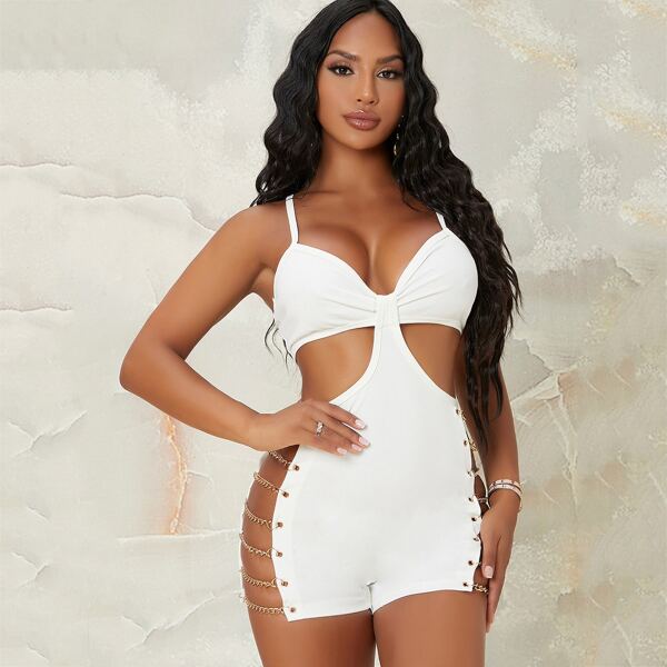 

Knotted Curb Chain Cutout Cami Zip-Up Romper, White
