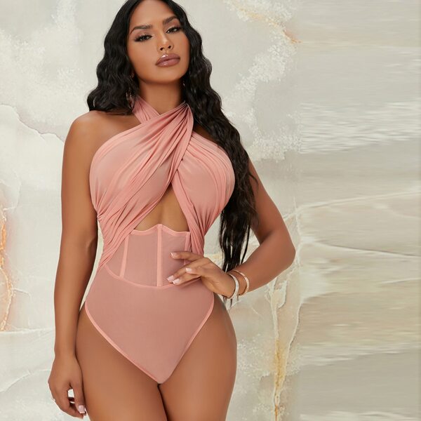 

Mesh Binding Detailing Crisscross Halter Neck Thong Bodysuit, Pink