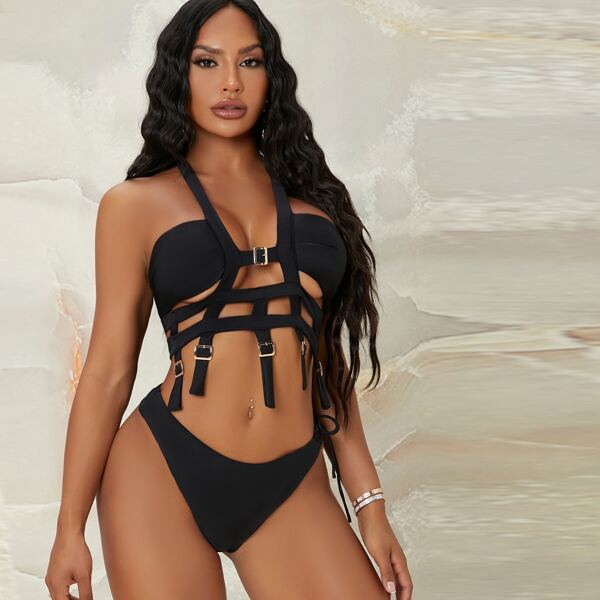 

Buckled Cutout Halter Neck Crop Top & Self-Tie Panty Set, Black