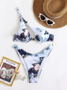 SHEIN Swim Summer Beach Marble Print Bikini Set Cut Out Push Up Bra Top & High Cut Bikini Bottom 2 Piece Bathing Suit - Multicolor - View 3