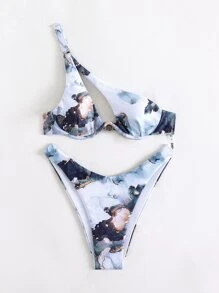 SHEIN Swim Summer Beach Marble Print Bikini Set Cut Out Push Up Bra Top & High Cut Bikini Bottom 2 Piece Bathing Suit - Multicolor - View 4