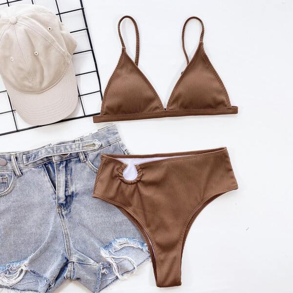 

Rib Ring Linked Triangle Bikini Swimsuit, Brown