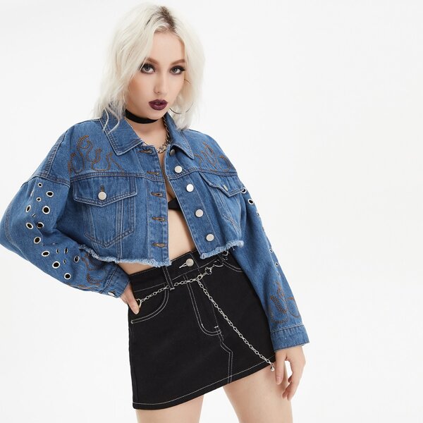 

Crop Grommet Eyelet Raw Hem Denim Jacket, Medium wash