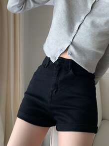 Shorts en mezclilla bajo de doblez - Negro - Ver 1