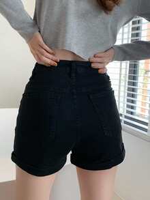 Shorts en mezclilla bajo de doblez - Negro - Ver 2