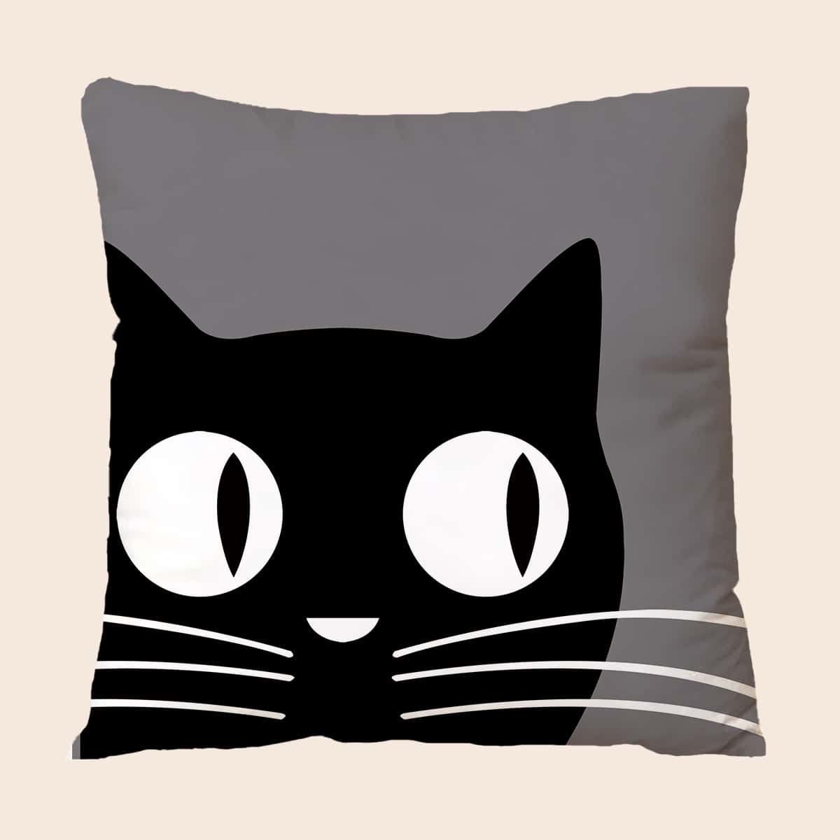 

Cat Print Cushion Cover Without Filler, Black and white