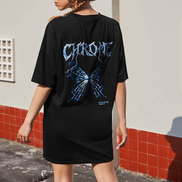 

Letter & Butterfly Print Oversized T-Shirt, Black