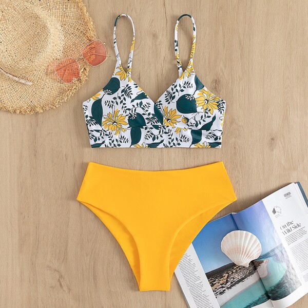 

Floral & Leaf Print High Waisted Bikini Swimsuit, Multicolor