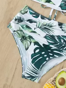 Tropical Print Tankini Set Lace-up Back Cami Top & Ruched Bottom 2 Piece Bathing Suit - Multicolor - View 3