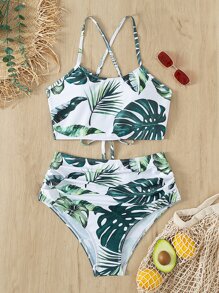 Tropical Print Tankini Set Lace-up Back Cami Top & Ruched Bottom 2 Piece Bathing Suit - Multicolor - View 5
