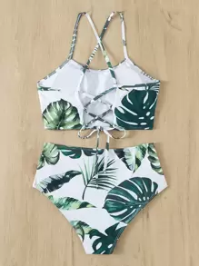 Tropical Print Tankini Set Lace-up Back Cami Top & Ruched Bottom 2 Piece Bathing Suit - Multicolor - View 6