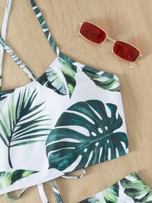 Tropical Print Tankini Set Lace-up Back Cami Top & Ruched Bottom 2 Piece Bathing Suit - Multicolor - View 7