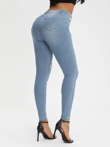 破洞緊身牛仔褲 - 淺色水洗藍 - 查看 2