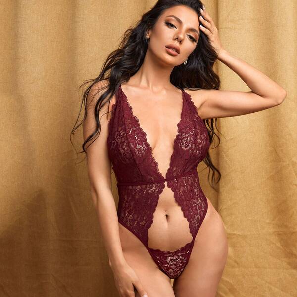 

Crisscross Back Floral Lace Lingerie, Rose red