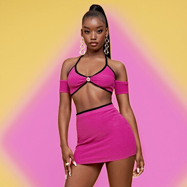 

Contrast Binding Decor Detail Crop Halter Top & Bodycon Skirt, Hot pink