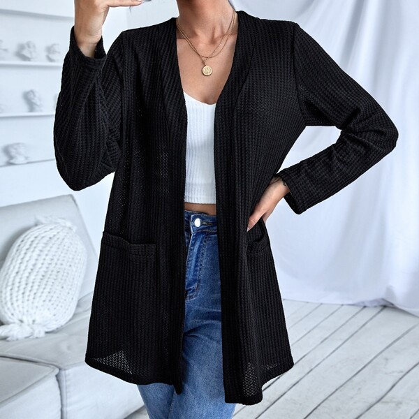 

Solid Dual Pocket Open Front Cardigan, Black