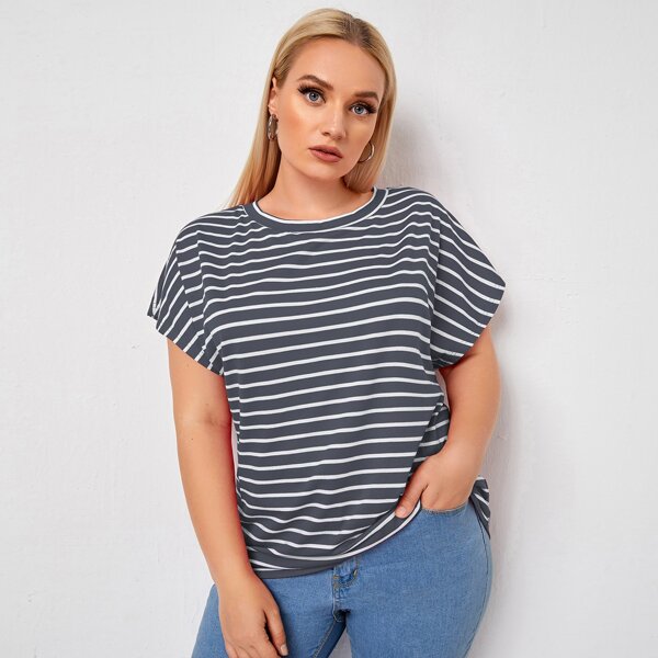 

Plus Striped Round Neck Tee, Grey