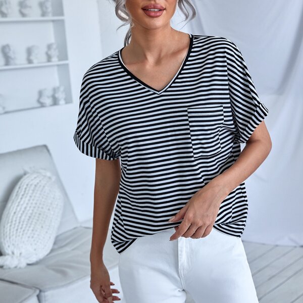 

Striped Print Batwing Sleeve Tee, Black and white
