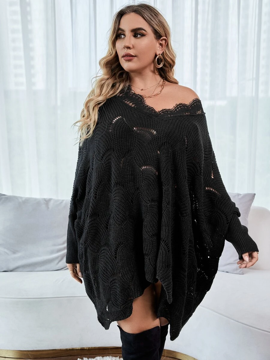 SHEIN LUNE Plus Contrast Eyelash Lace Pointelle Knit Batwing Sleeve Jumper - Black - View 1