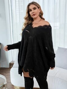 SHEIN LUNE Plus Contrast Eyelash Lace Pointelle Knit Batwing Sleeve Jumper - Black - View 3