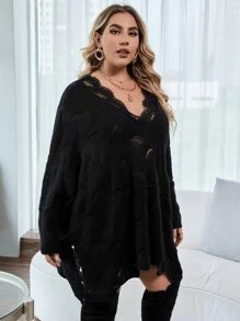 SHEIN LUNE Plus Contrast Eyelash Lace Pointelle Knit Batwing Sleeve Jumper - Black - View 5