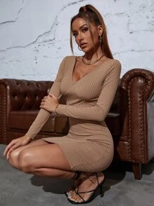 Đầm Gân đan màu trơn Gợi cảm - Màu Khaki - Xem 6