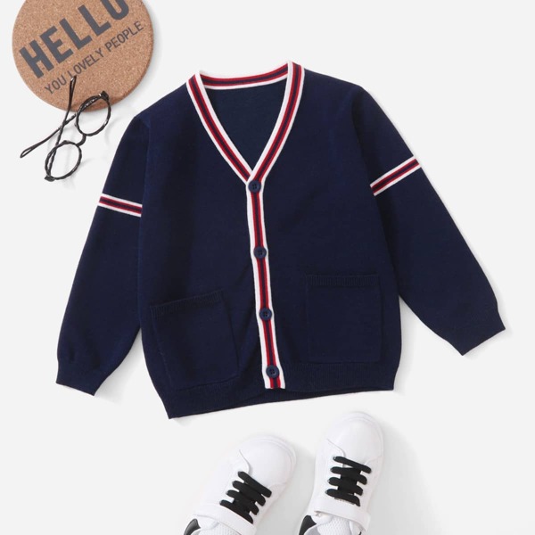 

Toddler Boys Striped Trim Patch Pocket Cardigan, Navy blue