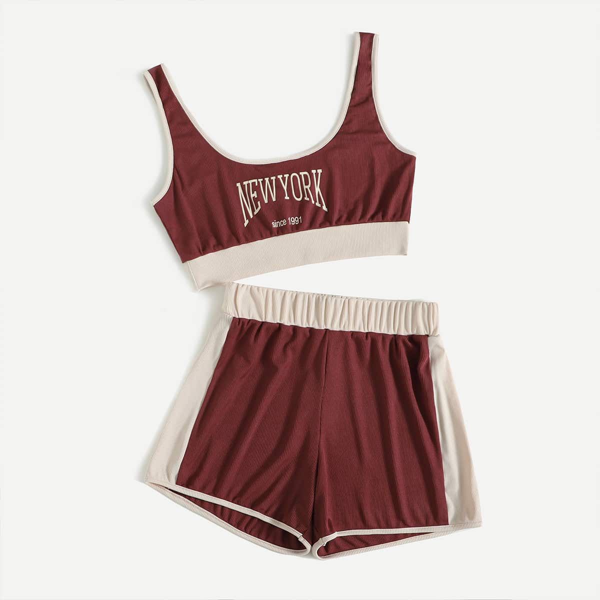 

Letter Colorblock Ribbed Tank Top & Shorts, Multicolor
