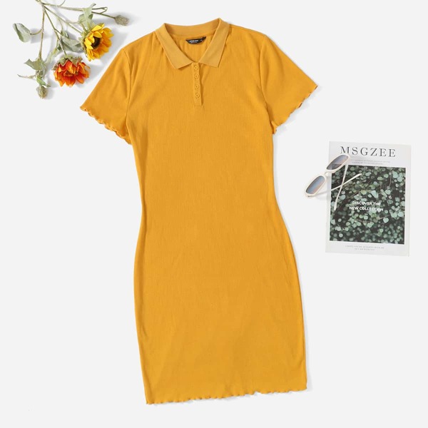 

Plus Lettuce Trim Half Button Placket Bodycon Dress, Mustard yellow