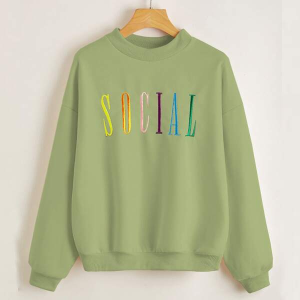 

Drop Shoulder Letter Embroidery Pullover, Lime green