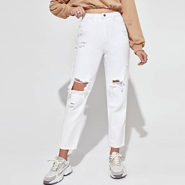 

High Waisted Ripped Mom Jeans, White