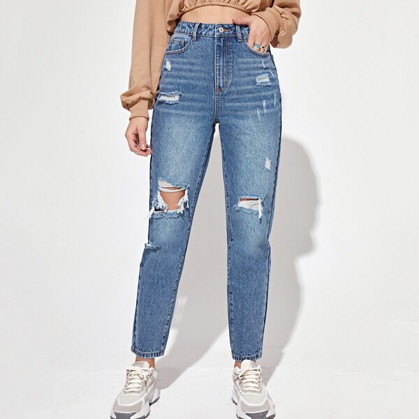 

High Waisted Ripped Mom Jeans, Medium wash