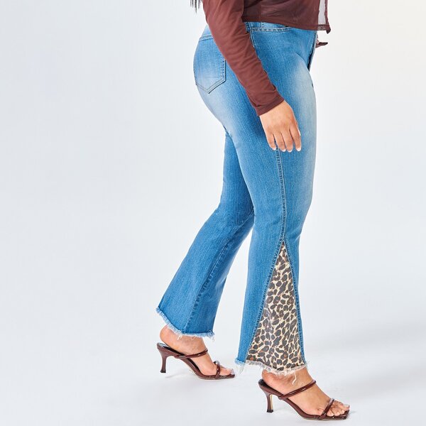 

Plus Contrast Leopard Panel Raw Hem Skinny Jeans, Light wash