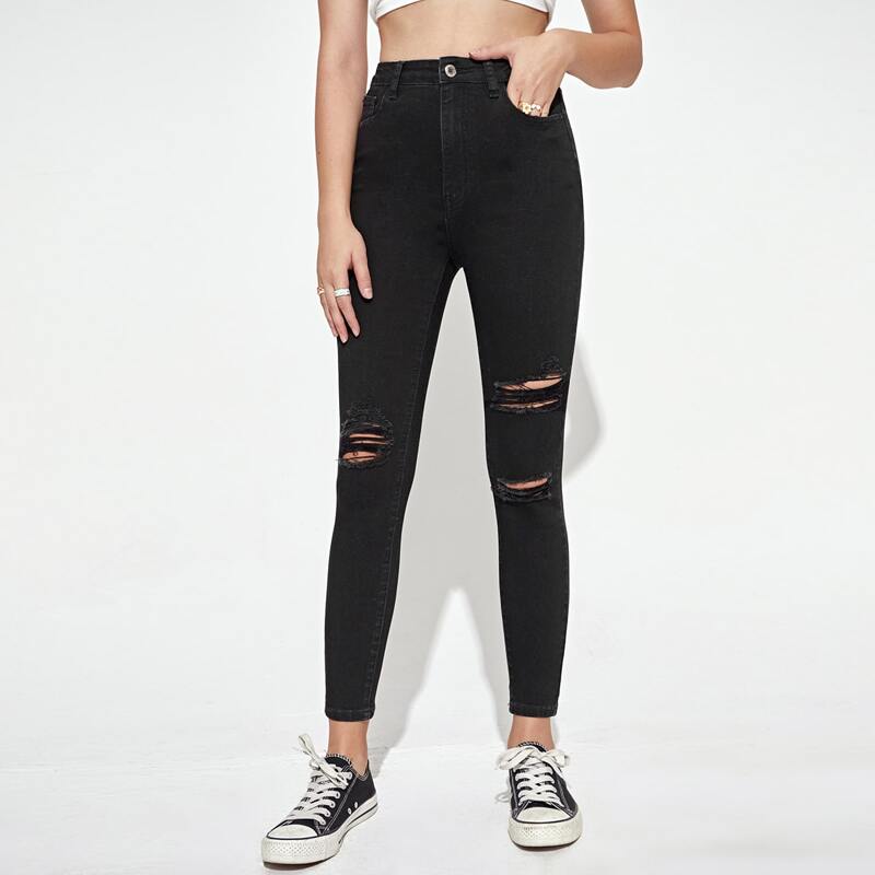 

High Waist Ripped Skinny Jeans, Black