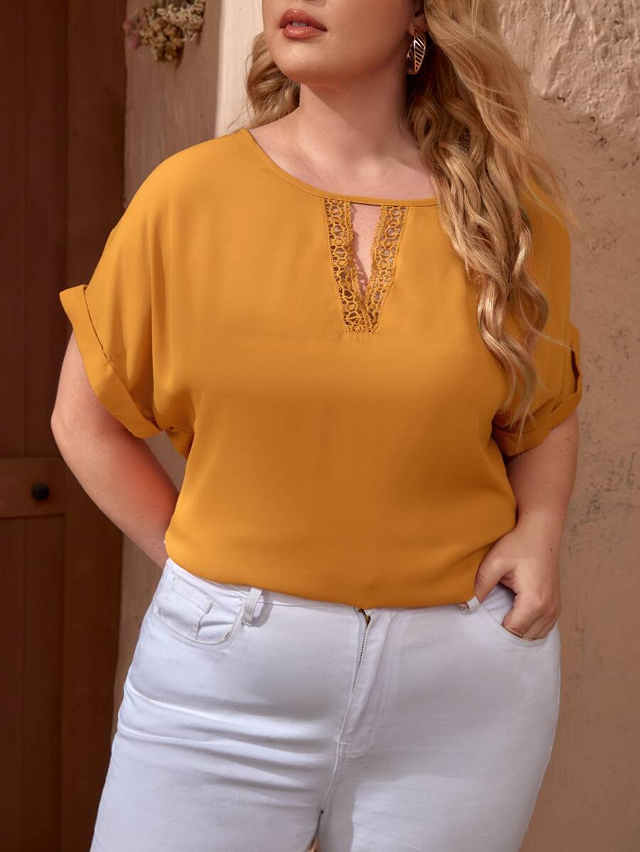 SHEIN Clasi Plus Guipure Lace Keyhole Neck Rolled Cuff Top - Mustard Yellow - View 1