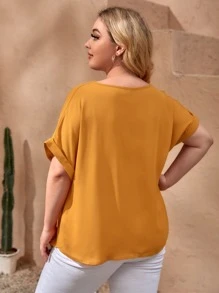 SHEIN Clasi Plus Guipure Lace Keyhole Neck Rolled Cuff Top - Mustard Yellow - View 2