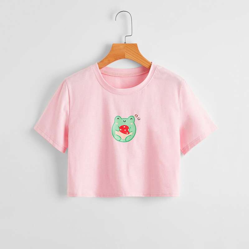 

Cartoon Graphic Crop Tee, Baby pink