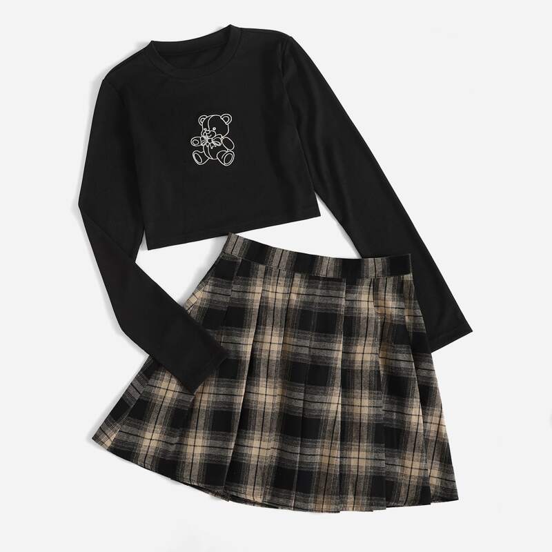 

Bear Print Top & Plaid Pleated Skirt Set, Multicolor