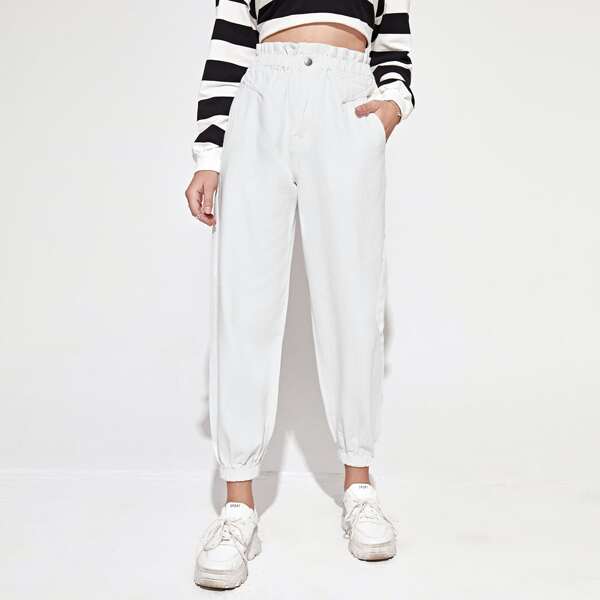 

High Waisted Paperbag Waist Jogger Jeans, White