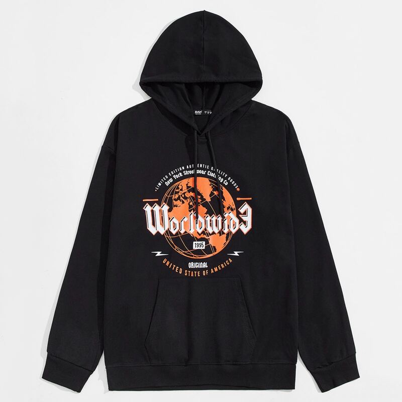

Guys Letter Graphic Drawstring Kangaroo Pocket Hoodie, Black