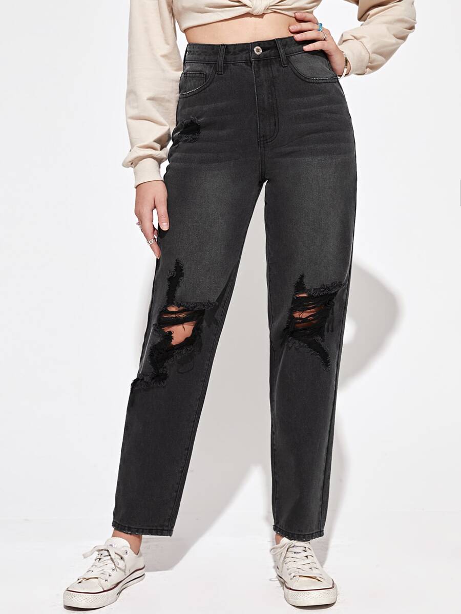 Jean Tombol Kantong Ripped Zip Raw Wash Plain - Grey - View 1