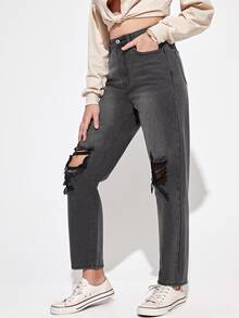 Jean Tombol Kantong Ripped Zip Raw Wash Plain - Grey - View 3