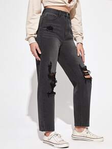 Jean Tombol Kantong Ripped Zip Raw Wash Plain - Grey - View 4