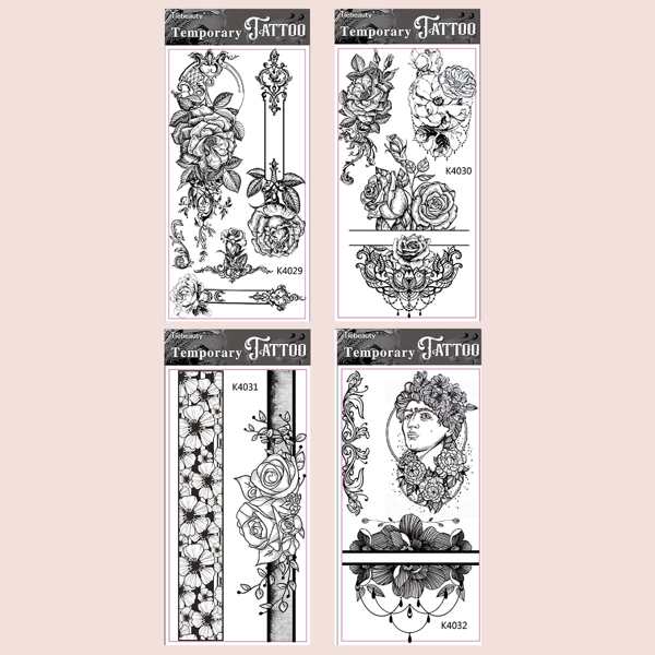 

4sheets Figure Graphic & Flower Pattern Tattoo Sticker, Black