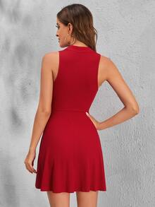 SHEIN EZwear Solid Fit & Flare Dress - Red - View 2